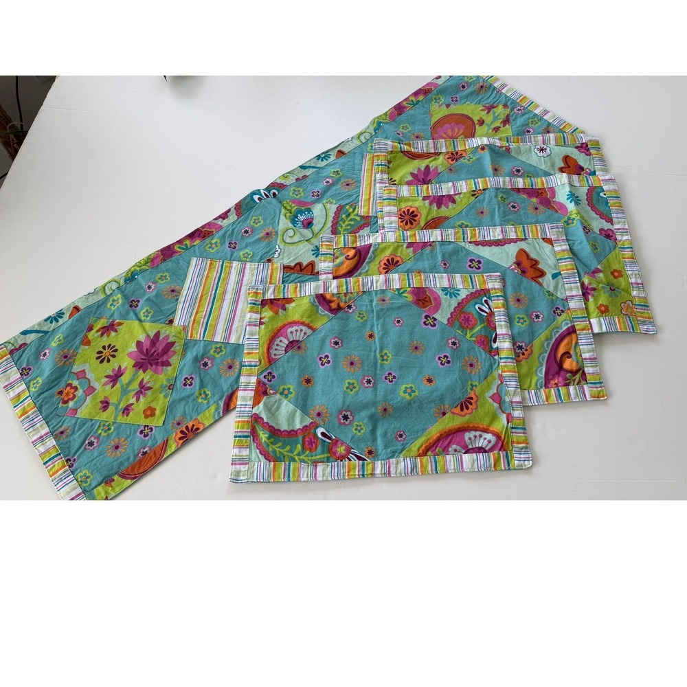 Floral Patchwork Table Runner 4 Placemats Set Teal Green Boho 5pc Decor